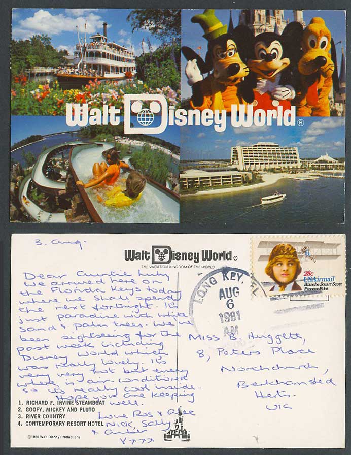 Walt Disney World 1981 Postcard R.F. Irvine Steamboat, Goofy Mickey Pluto, Hotel