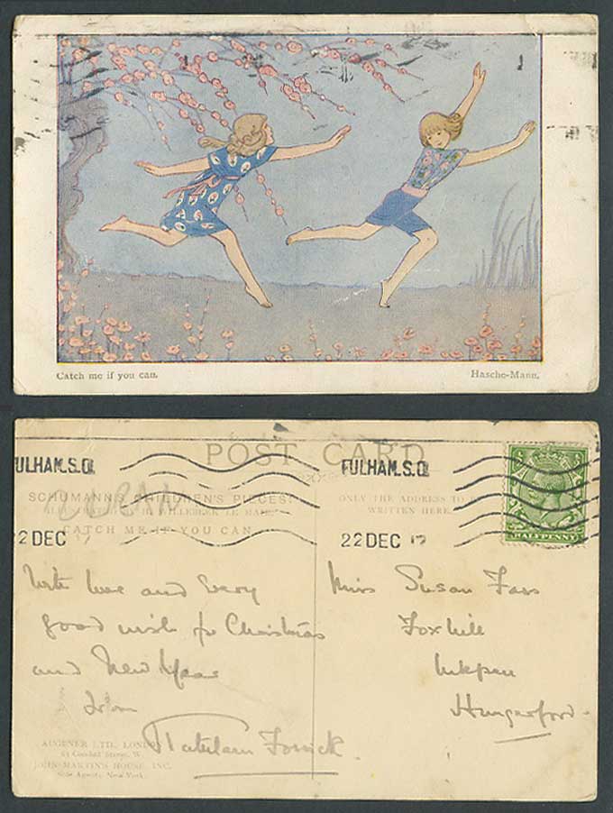Hasche-Mann, Catch Me If You Can, Little Girls Chasing Running 1917 Old Postcard