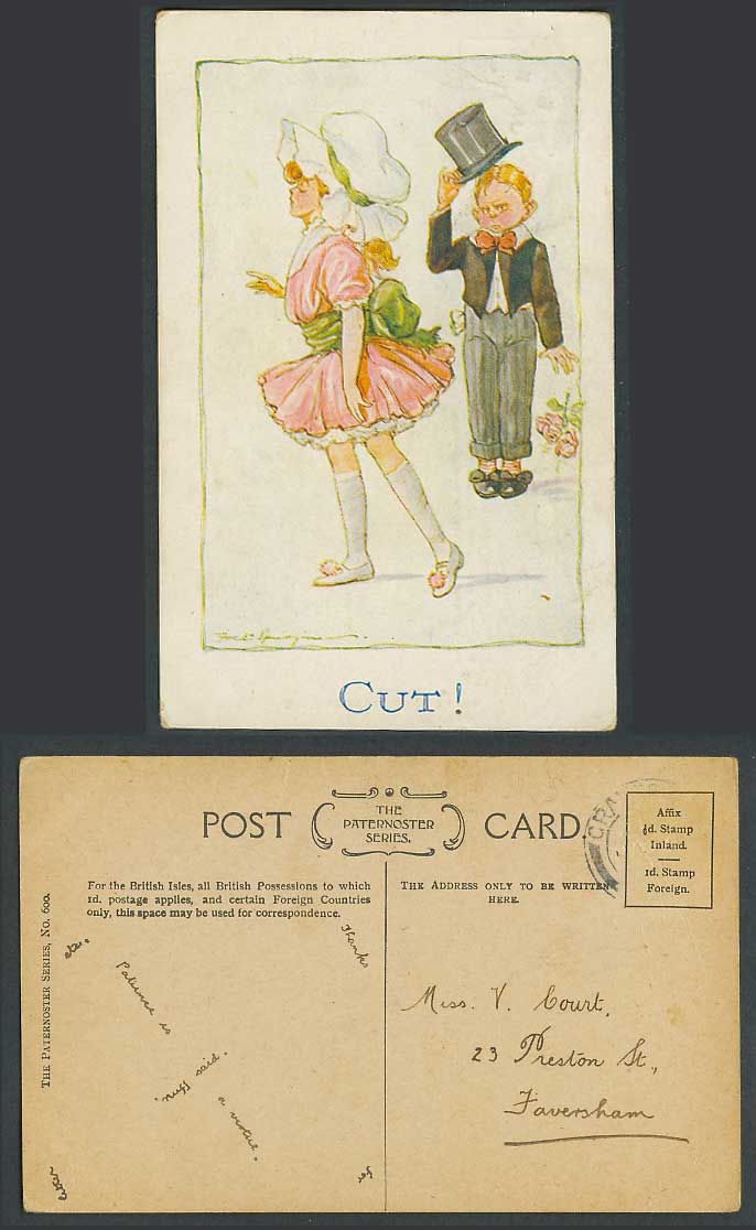 Fred Spurgin Artist Signed Old Postcard CUT! Boy Drops Rose Flowers Glamour Girl