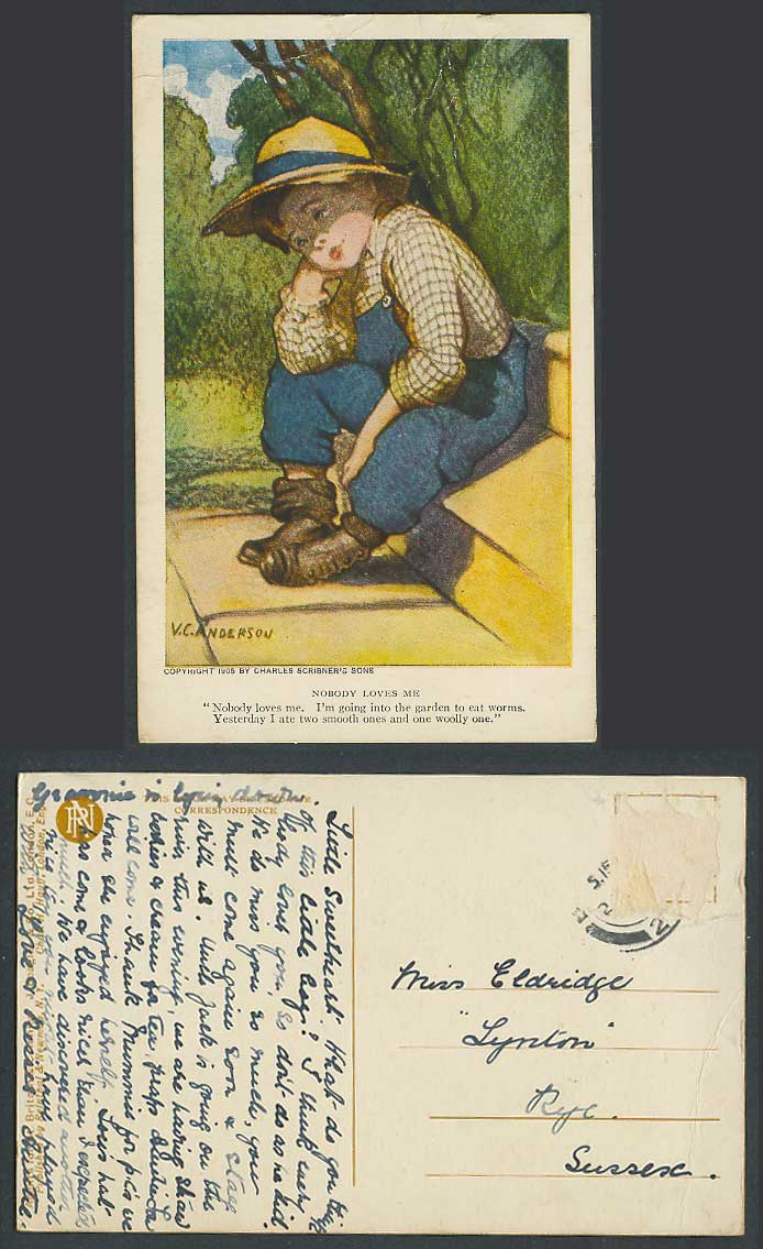V.C. Anderson Artist Signed Old Postcard Nobody Loves Me Boy to Garden eat Worms