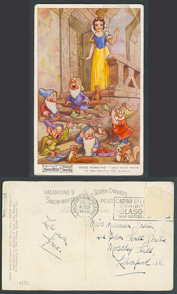 Walt Disney 1938 Old Postcard Snow White & Seven Dwarfs, Good Morning, Squirrels