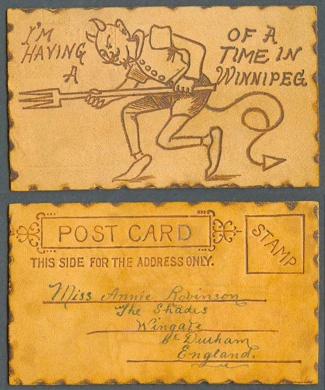 Novelty Made from Leather Old Postcard Devil, I'm Having Time in Winnipeg Canada