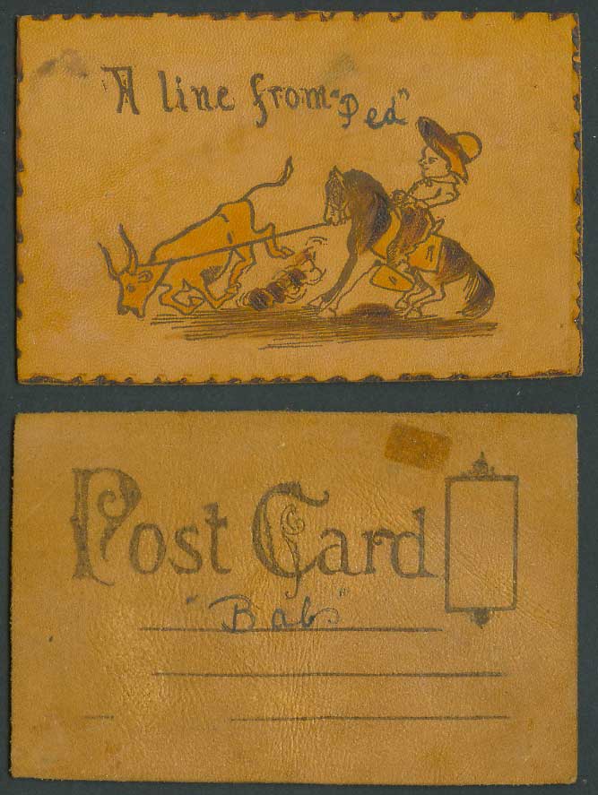 Novelty Made from Real Leather Old Postcard Cowboy Horse Rider Bull, A Line from