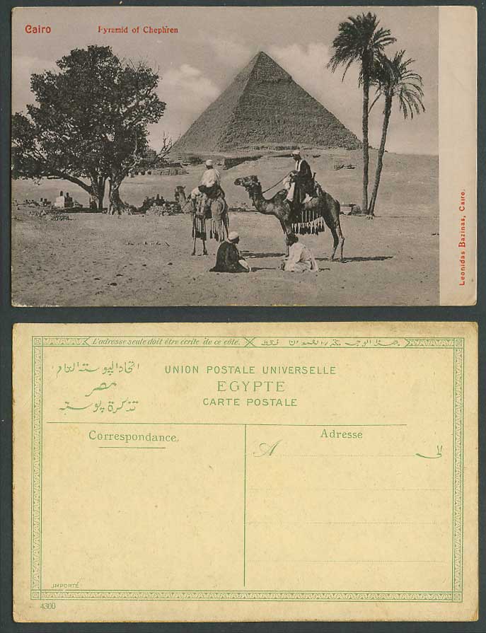 Egypt Old Postcard Cairo Pyramid of Chephren Khafre Camel Riders Palm Trees 4300