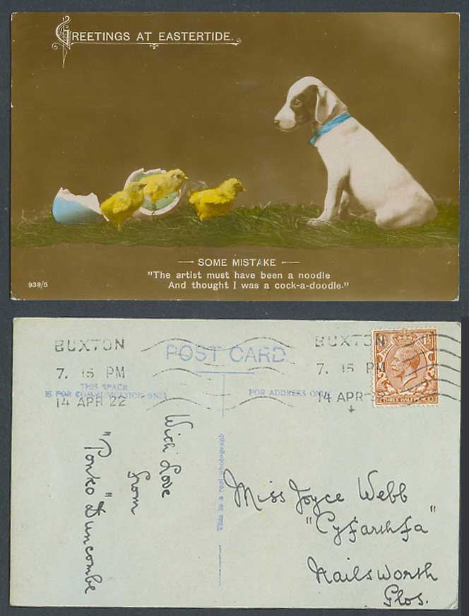 Dog Puppy Chicks Birds Bird Egg Greetings at Eastertide Easter 1922 Old Postcard