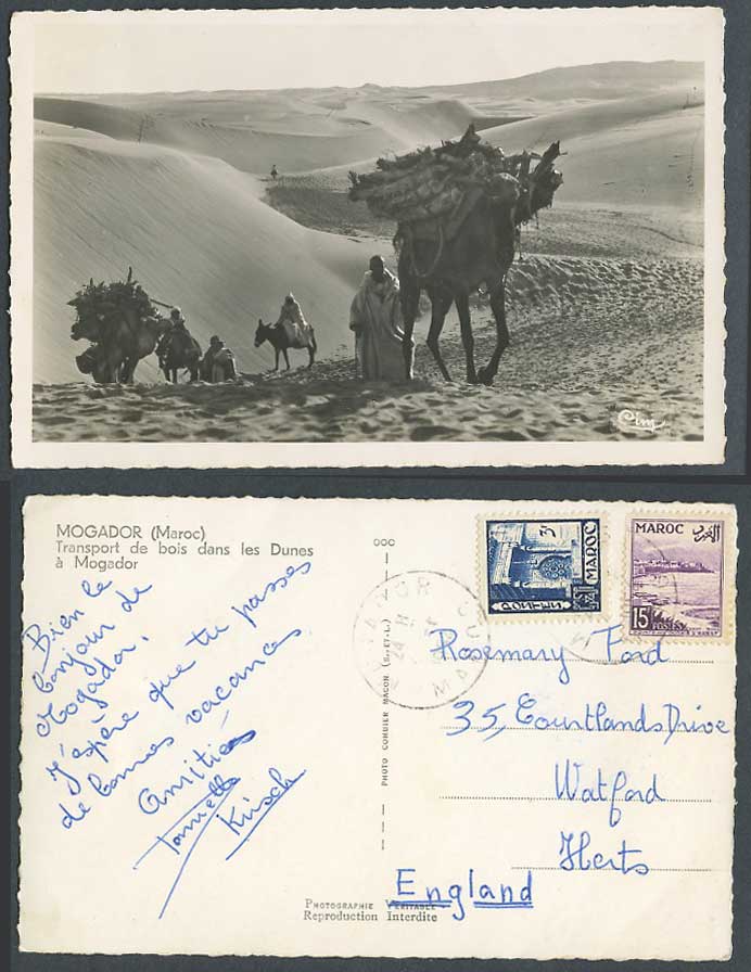 Morocco Mogador 1956 Old Postcard Wood Transport Camel Donkey Desert Sand Dunes