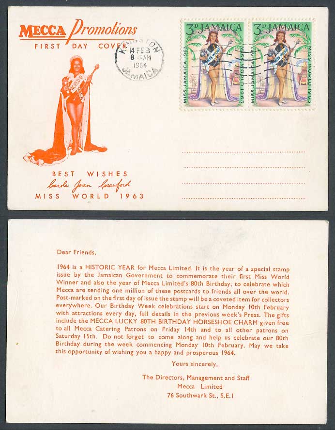 Jamaica Jamaica 3d x 2 1964 Miss World 1963 Carole Joan Crawford First Day Cover
