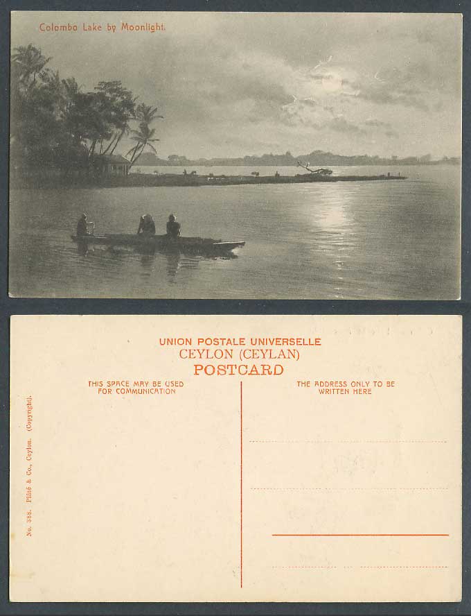 Ceylon Old Postcard Colombo Lake by Moonlight Full Moon Boating Boat Canoe Night