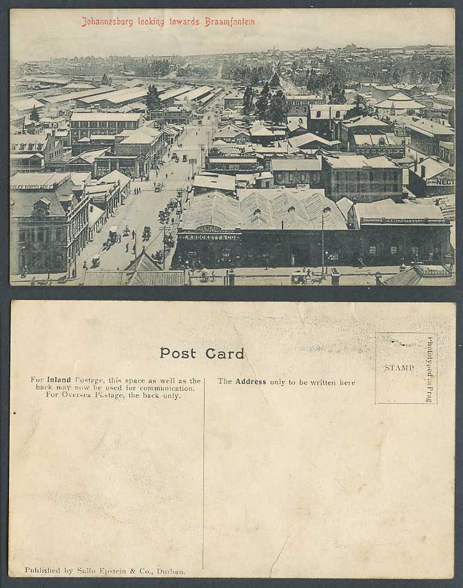 South Africa Old Postcard Johannesburg looking towards Braamfontein Street Scene