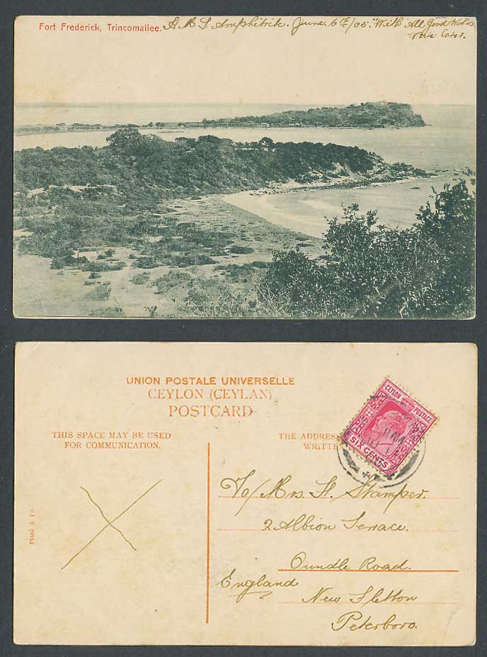 Ceylon KE7 6c 1905 Old Postcard Fort Frederick, Trincomallee Trincomalie, Beach