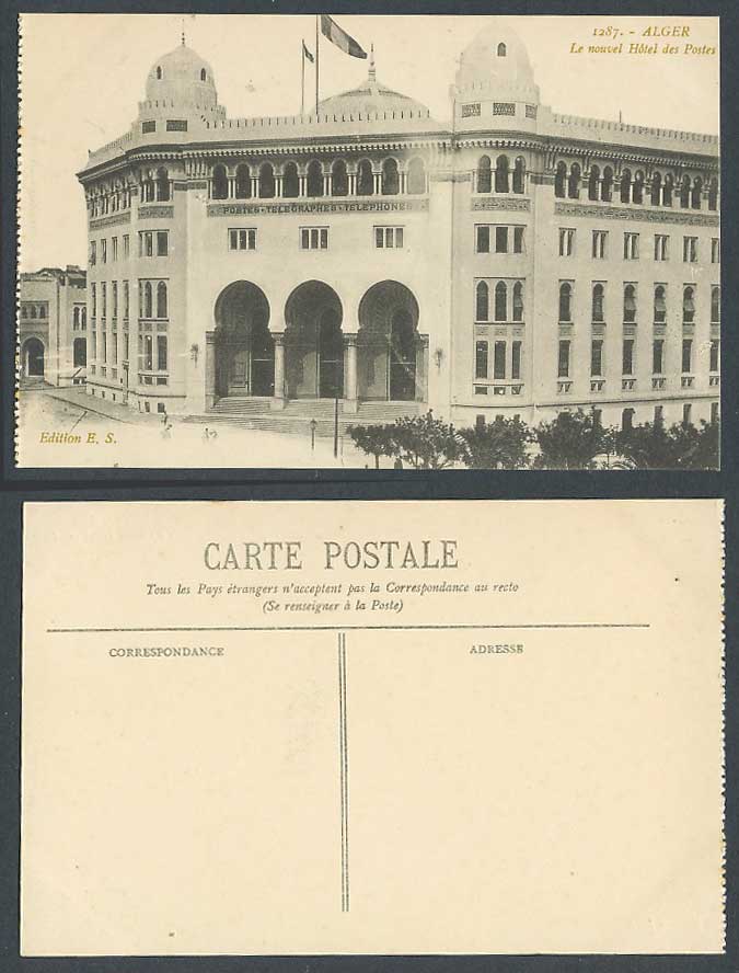 Algeria Old Postcard Algiers Alger Le Nouvel Hotel des Postes, Post Office, Flag