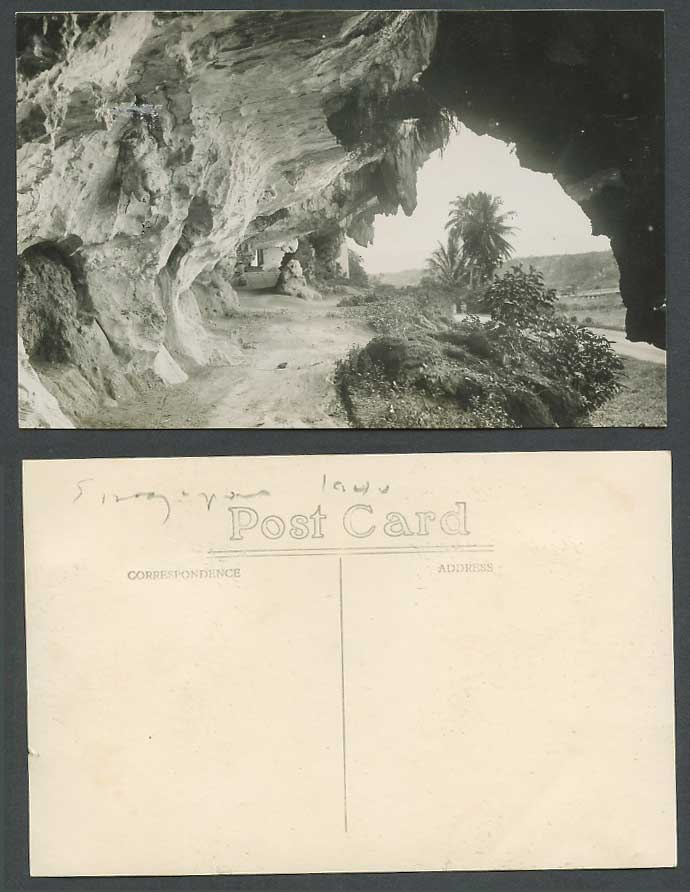 Singapore 1940 Old Real Photo Postcard Rock Mountain Cave River Scene Palm Trees