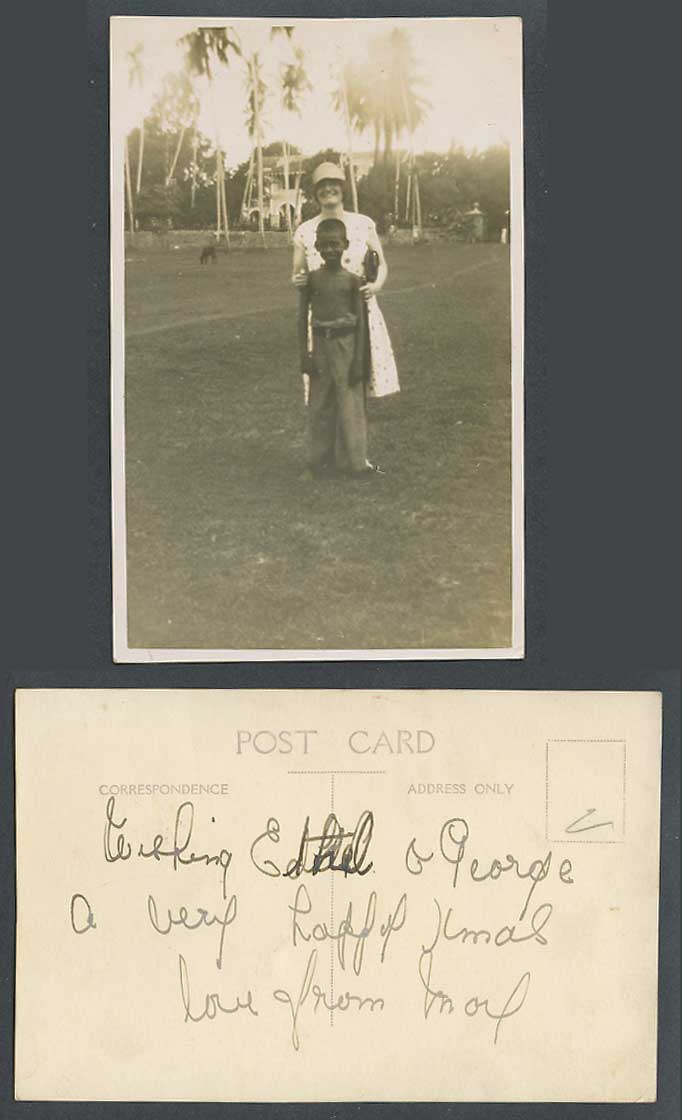 Rhodesia Old Real Photo Postcard Native Black Boy, Western Woman Lady Palm Trees