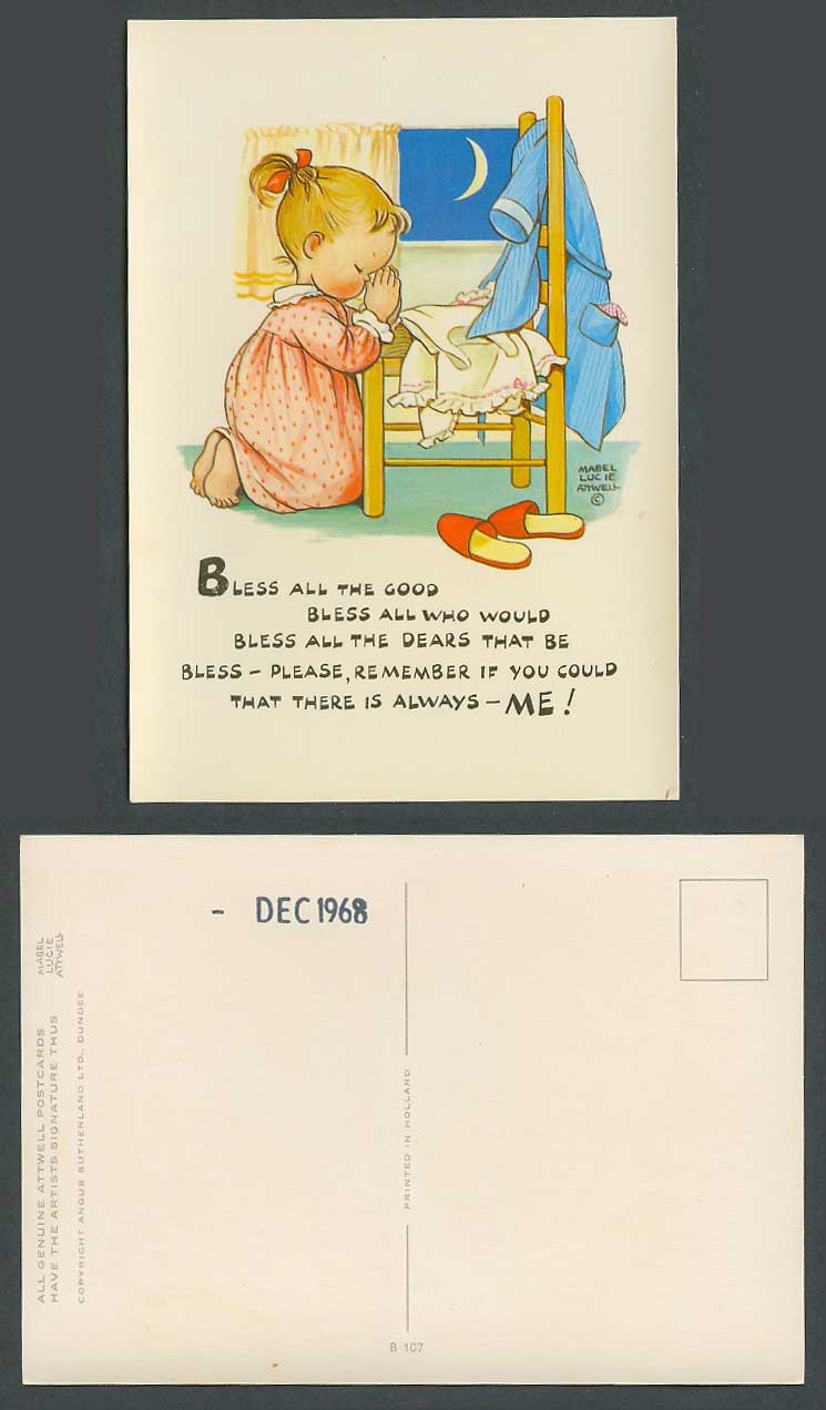 MABEL LUCIE ATTWELL 1968 Old Postcard Little Girl Prayer Bless All The Good B107