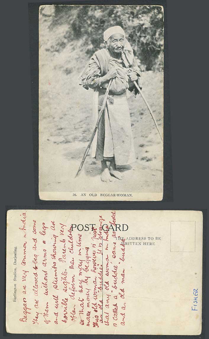 TIBET China Vintage Postcard Old Tibetan Beggar Woman Barefoot Walking Sticks 26
