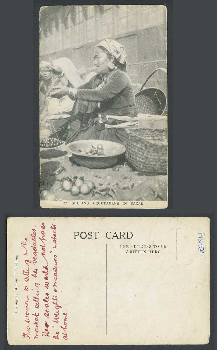 TIBET China Old Postcard Tibetan Lepcha Woman Selling Vegetables in Bazar Scales