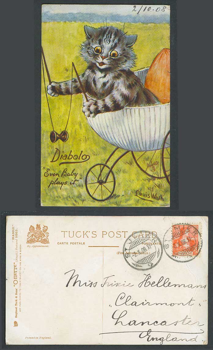 Louis Wain Artist Signed Cat Kitten Diabolo Even Baby Plays It 1908 Old Postcard