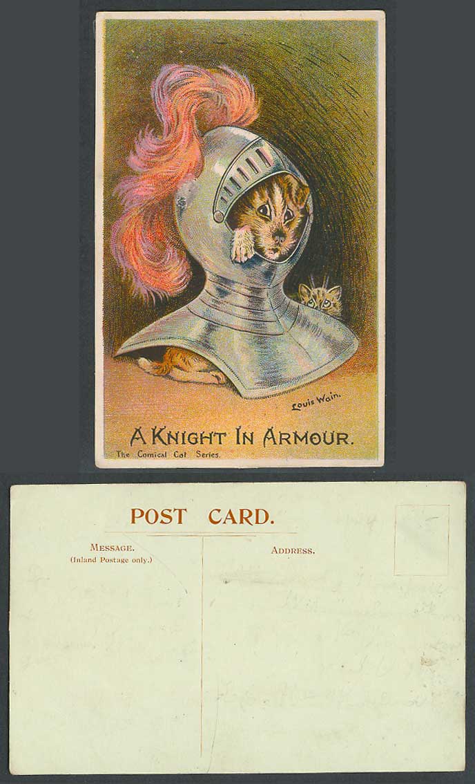 LOUIS WAIN Artist Signed A Knight in Armour Comical Cat Series, Dog Old Postcard