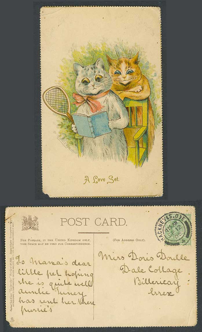 Louis Wain Artist Signed Cats Kittens A Love Set Racket 1905 Old Tuck's Postcard