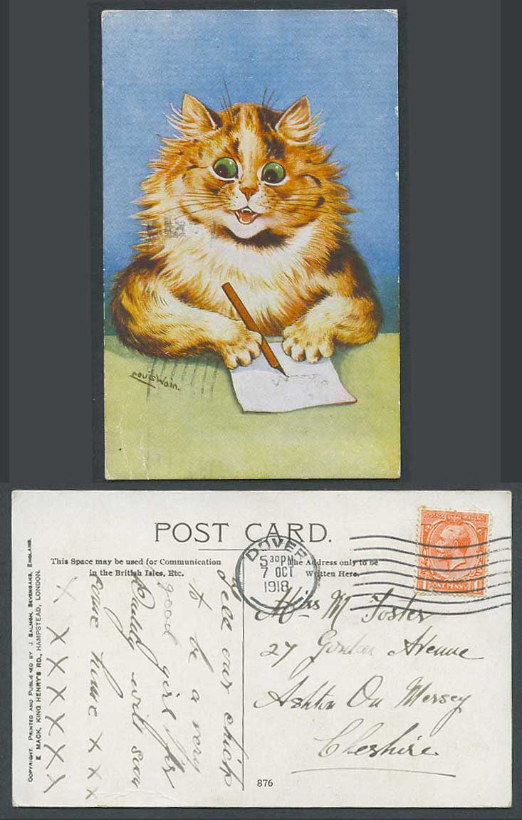 LOUIS WAIN Artist Signed, Cat Kitten Writing with Pen on Paper 1918 Old Postcard