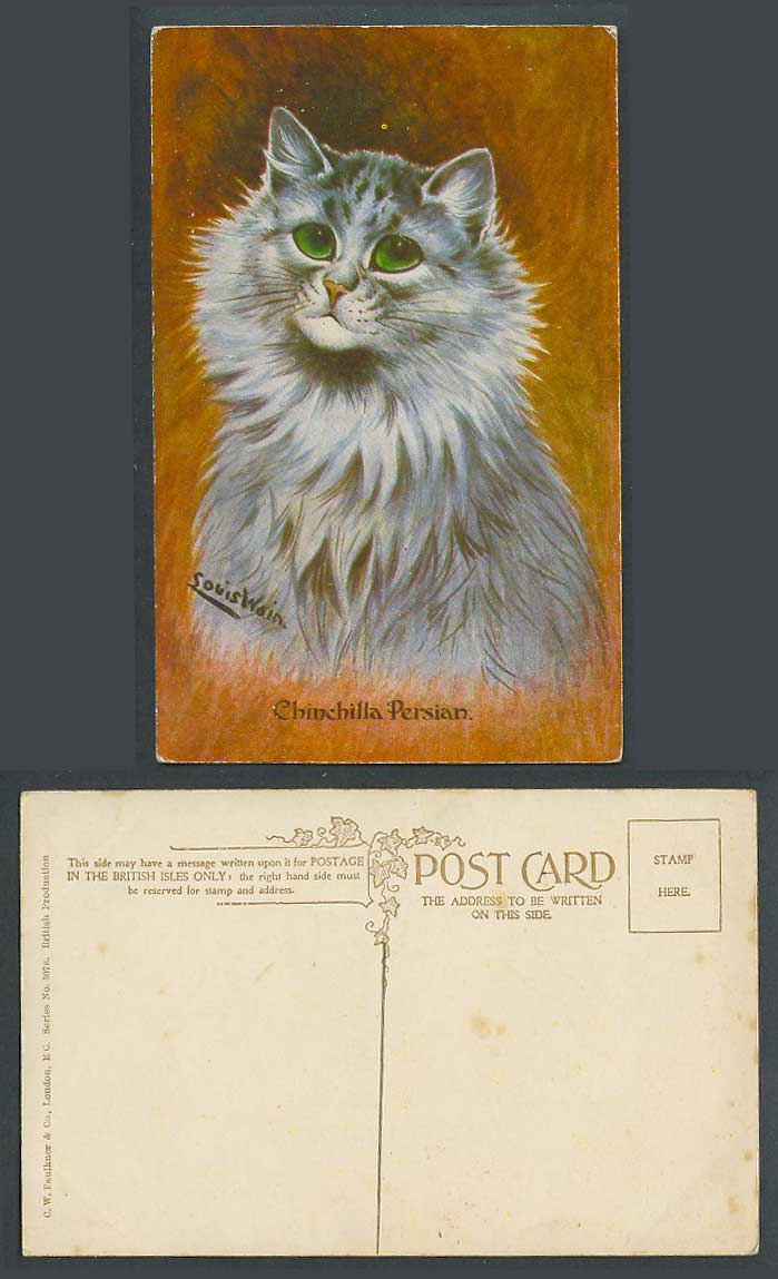 Louis Wain Artist Signed Chinchilla Persian Cat Kitten & Green Eyes Old Postcard