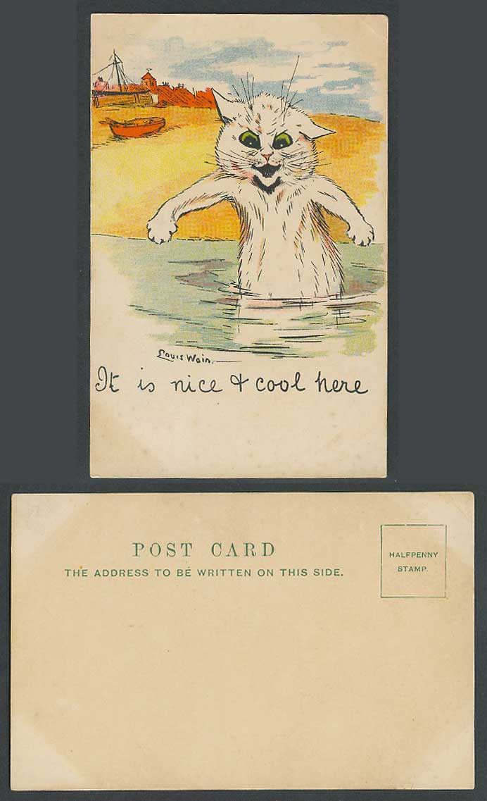 Louis Wain Artist Signed Cat Kitten It is Nice & Cool Here Beach Old UB Postcard