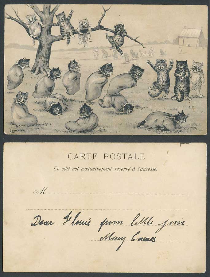 Louis Wain Artist Signed Cats Kittens, Gunny Sack Race, Bag Jumping Old Postcard