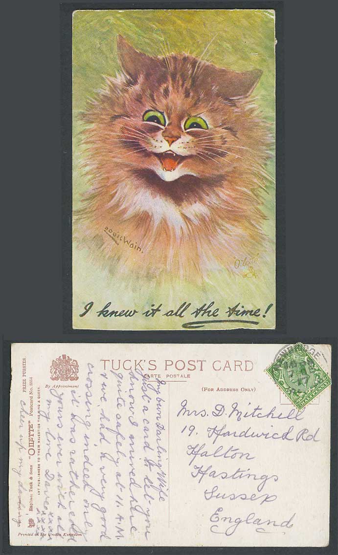 LOUIS WAIN Artist Signed Cat I Knew It All The Time 1917 Old Tuck's Postcard ART