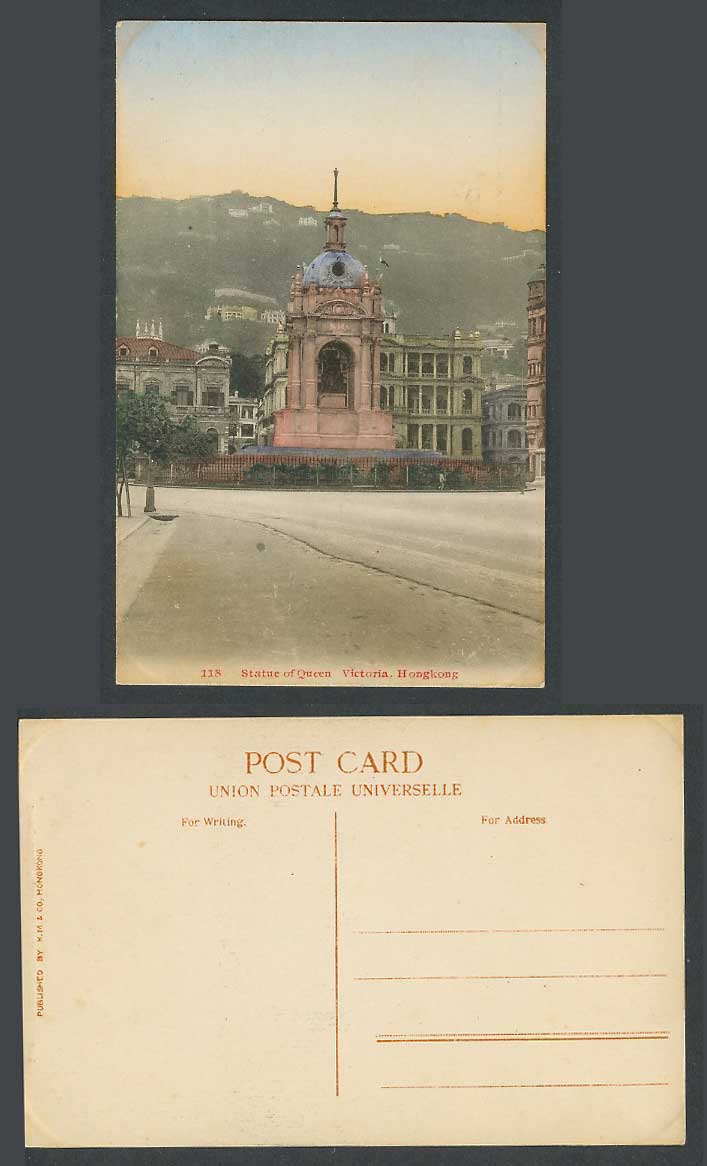 Hong Kong China Old Hand Tinted Postcard Statue of Queen Victoria, Street Scene