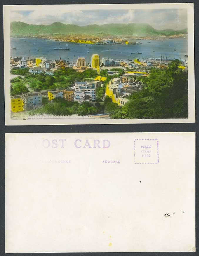 Hong Kong and Kowloon c1950 Old Hand Tinted Real Photo Postcard Harbour Panorama