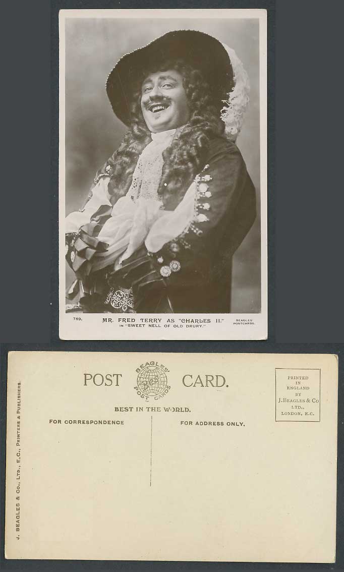 Actor Fred Terry, as Charles II, Sweet Nell of Old Drury Old Real Photo Postcard