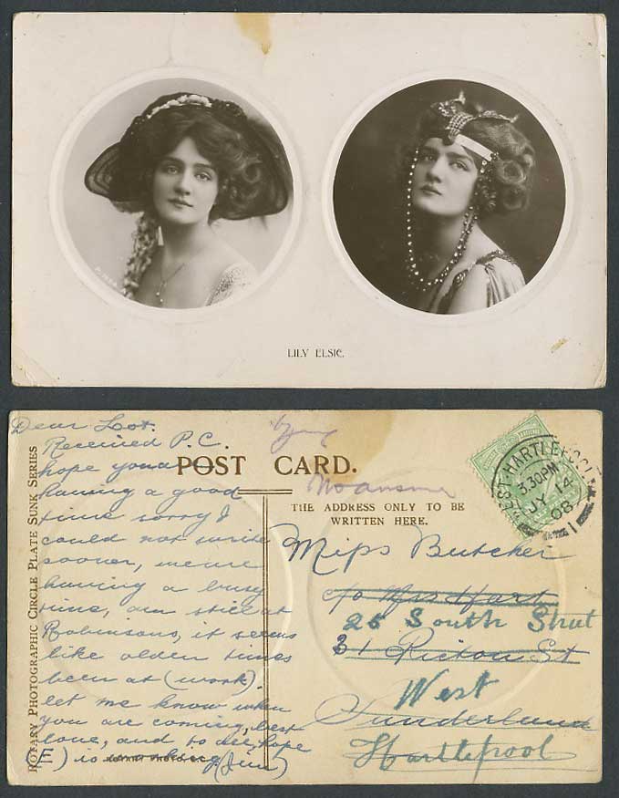 Edwardian Actress LILY ELSIE, Glamour Lady Woman 1908 Old Real Photo Postcard