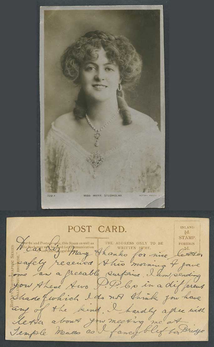 Actress Miss MARIE STUDHOLME, Necklace Old Real Photo Postcard Aluminum Bromide