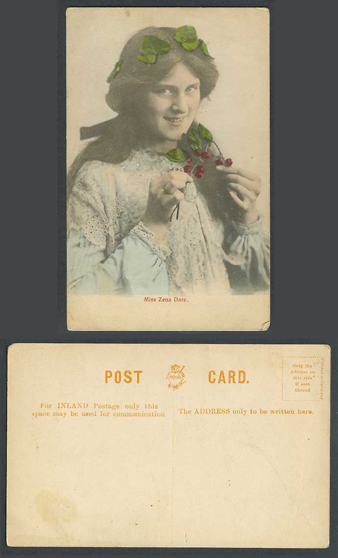 Edwardian Actress Miss ZENA DARE Old Hand Tinted Colour Postcard Hartmann