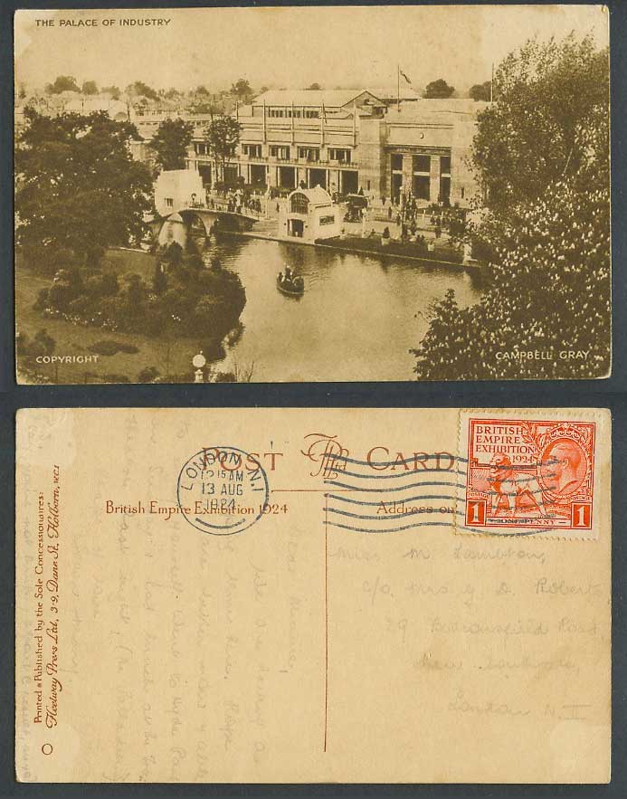 British Empire Exhibition 1d. 1924 Old Postcard Palace of Industry, Bridge, Boat