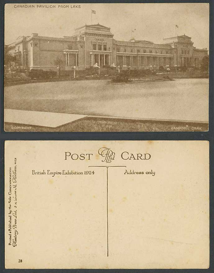 Canadian Pavilion from Lake, Flag, British Empire Exhibition 1924 Old Postcard