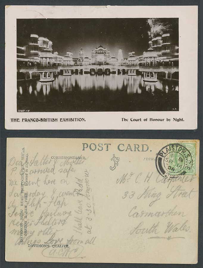 Franco-British Exhibition Court of Honour by Night 1908 Old Postcard Lake Bridge