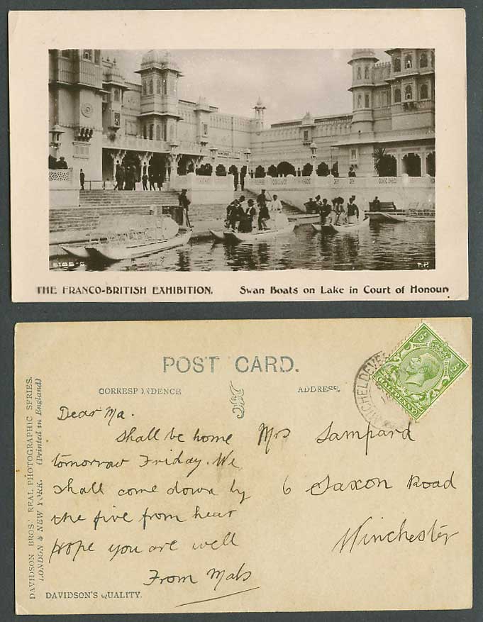 Franco-British Exhibition Swan Boats in Court of Honour London 1908 Old Postcard