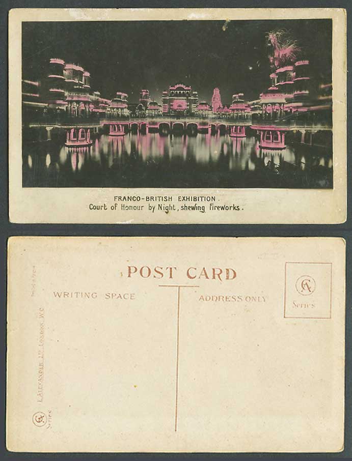 Franco British Exhibition, Court of Honour by Night, Fireworks 1908 Old Postcard