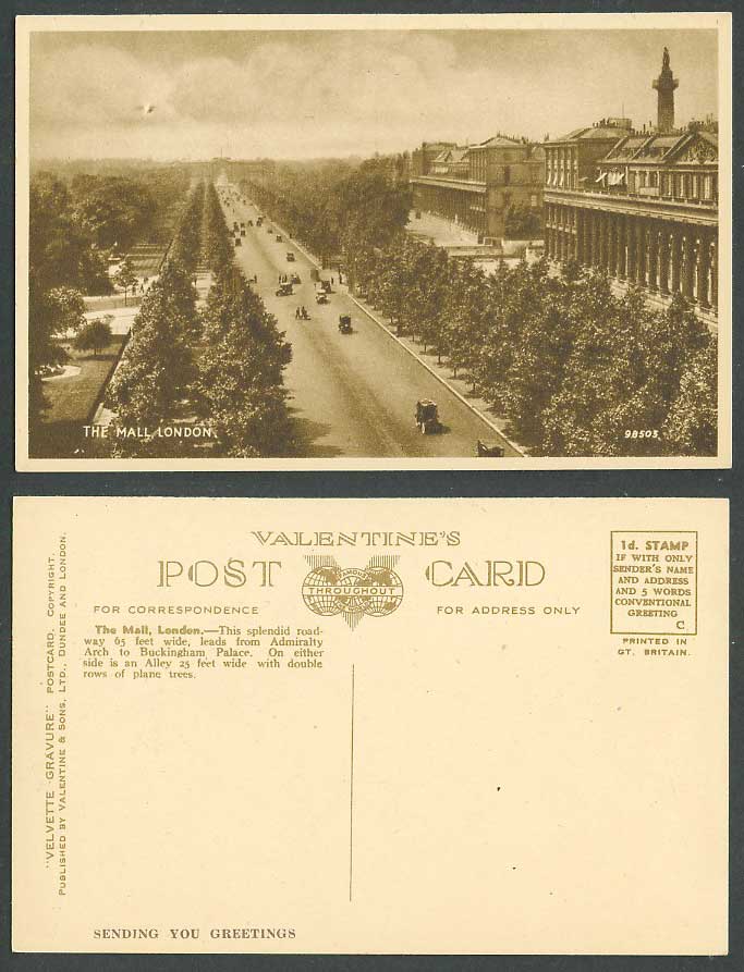 London Old Postcard The Mall Plane Trees Street Scene Admiralty Arch to B Palace