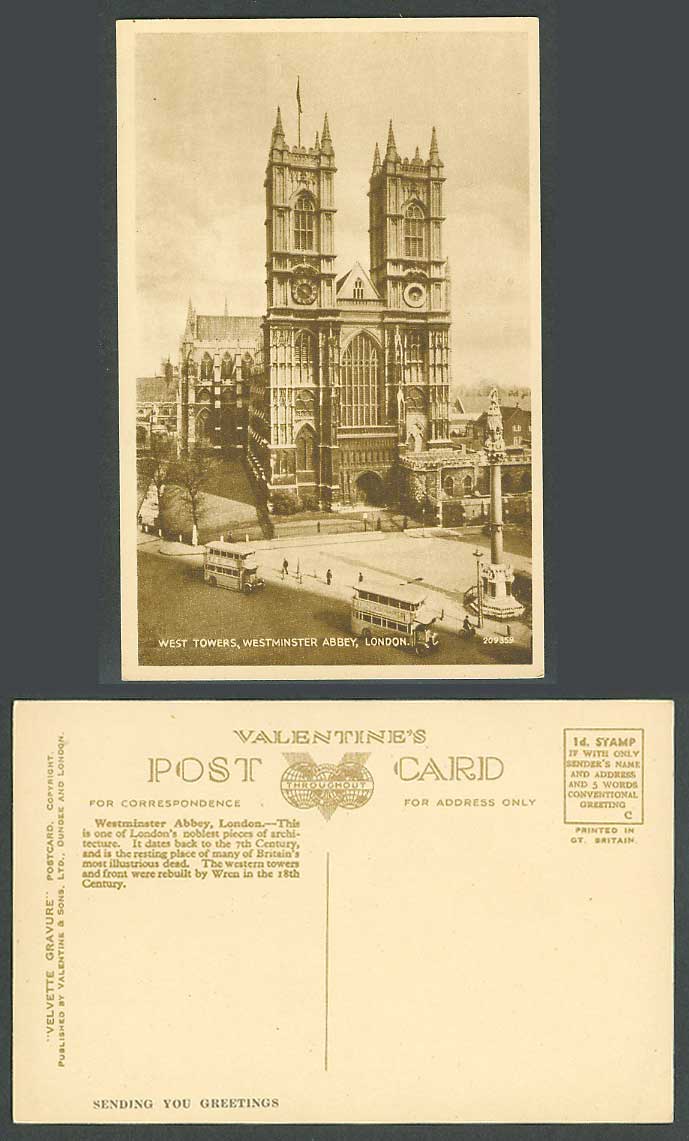 London Old Postcard Westminster Abbey West Towers Street Scene Clock Tower Buses