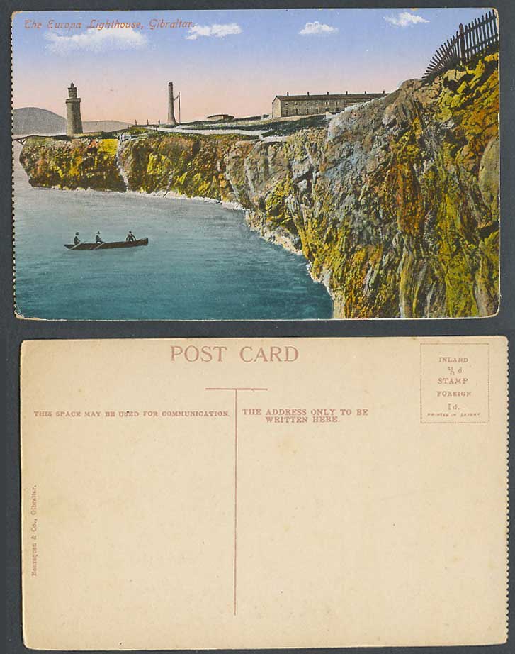 Gibraltar Old Colour Postcard The Europa Lighthouse, E. Point Rowing Boat Cliffs