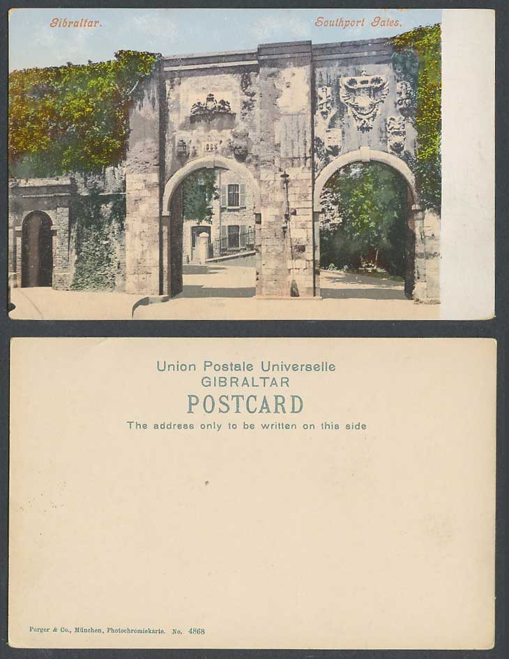 Gibraltar Old Colour UB Postcard Southport Gates, Coat of Arms Gate Street Scene