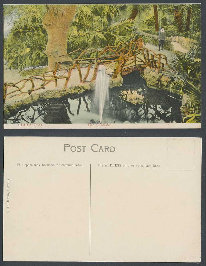 Gibraltar Old Colour Postcard The Cascade Boy near Bridge Fountain Lake Pond VBC
