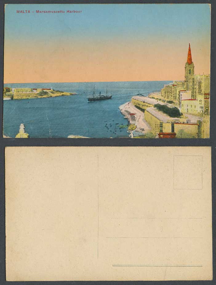 Malta Old Colour Postcard Marsamuscetto Harbour Steam Ship Steamer Boat Panorama
