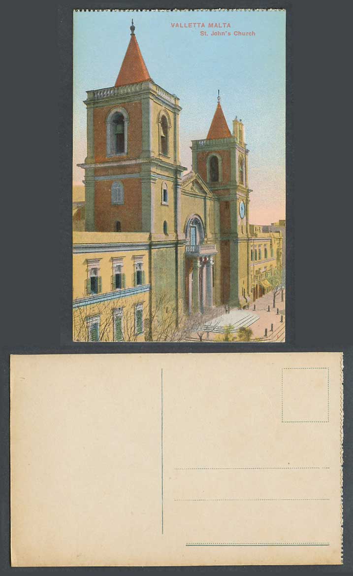 Malta Old Colour Postcard Valletta St. John's Church Bell and Clock Towers Bells