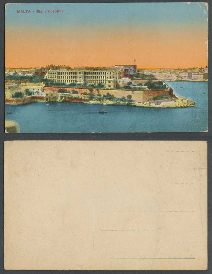 Malta Old Colour Postcard BIGHI HOSPITAL, Panorama General View Boats and Sunset