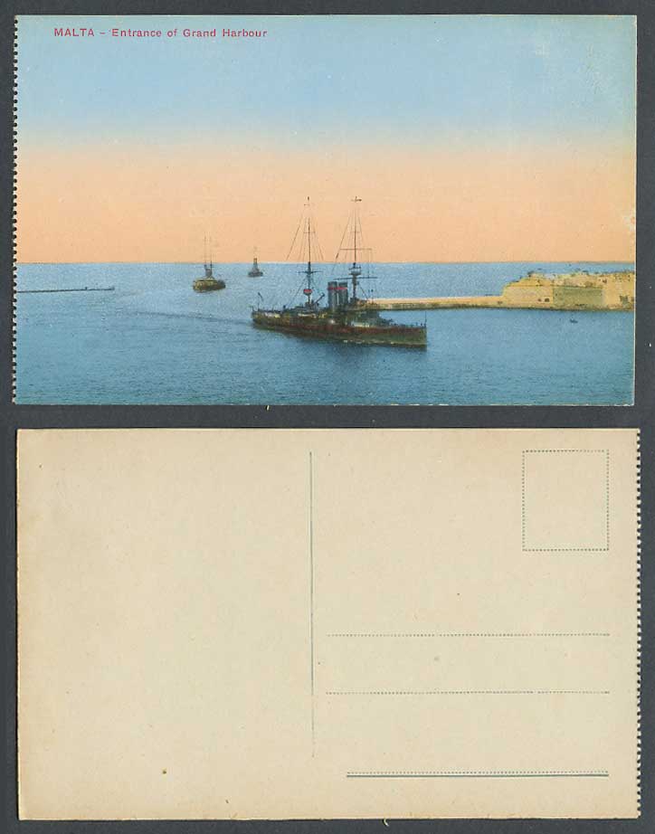 Malta Old Colour Maltese Postcard Entrance of Grand Harbour Warships Battleships