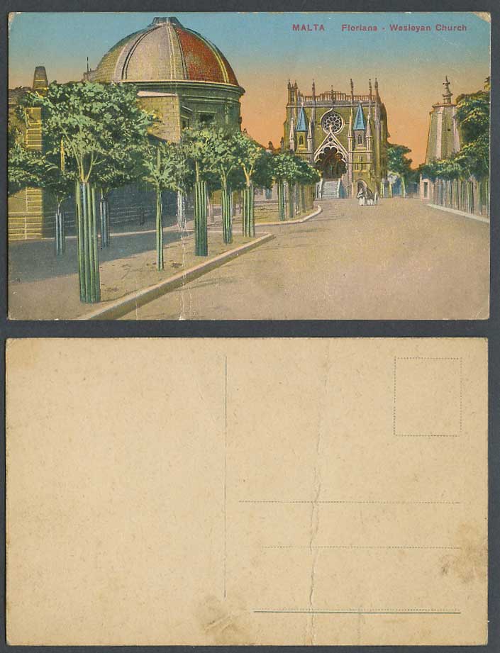 Malta Old Colour Postcard FLORIANA Wesleyan Church Cathedral Street Scene Sunset