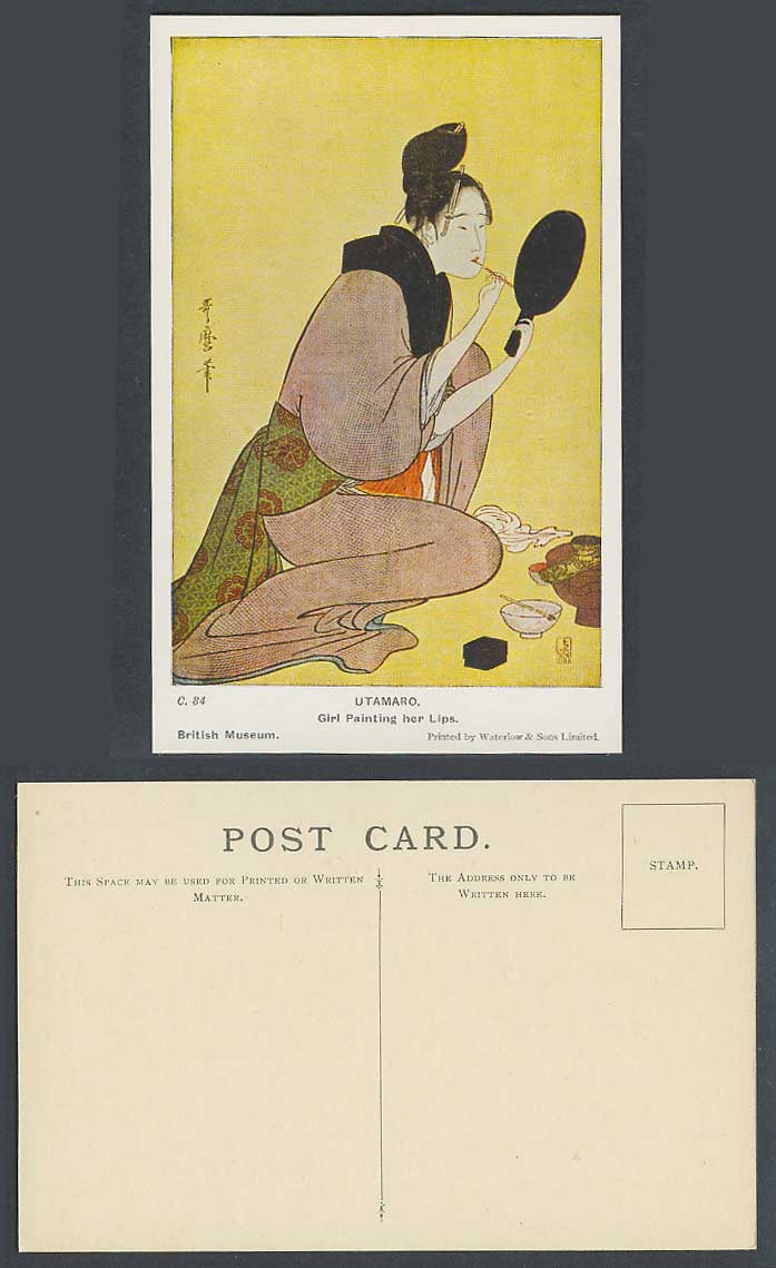 Japan Ukiyo-e Old Postcard Kitagawa Utamaro Girl Painting Her Lips, Geisha Woman